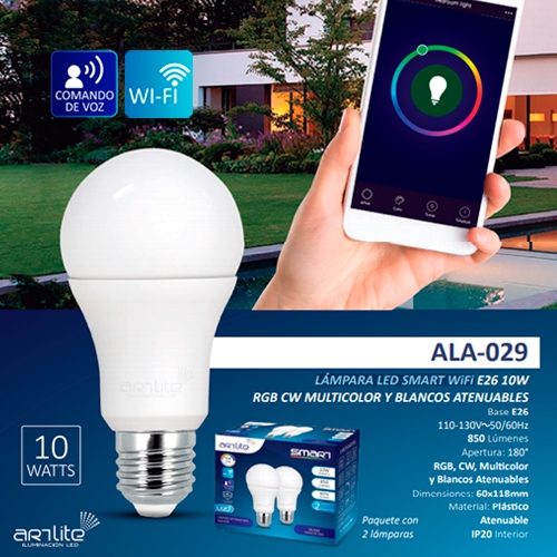 ALA-029 - LÁMPARA LED SMART WiFi BULBO E26 10W RGB CW MULTICOLOR Y BLANCOS  ATENUABLES